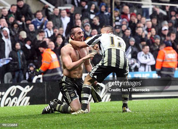 Danny Simpson congratulates Jose Enrique of Newcastle United after scoring the second goal during the Coca Cola Championship match between Newcastle...