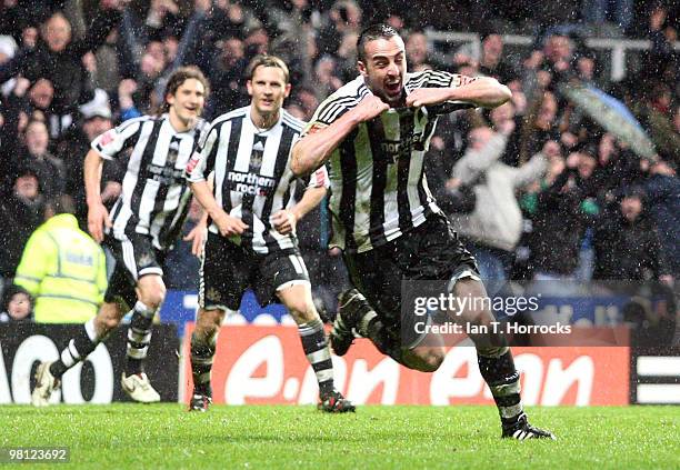 Jose Enrique of Newcastle United celebrates after scoring the second goal during the Coca Cola Championship match between Newcastle United and...