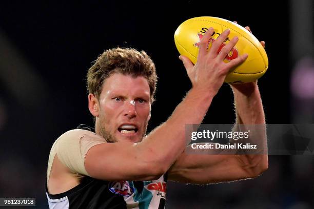 Brad Ebert of the Power marks the ball during the round 14 AFL match between the Port Adelaide Power and the Melbourne Demons at Adelaide Oval on...