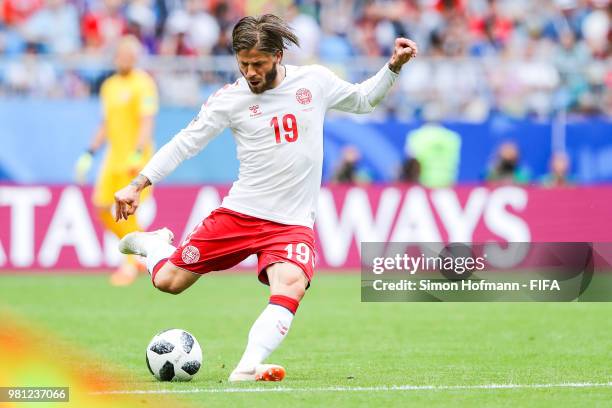 Lasse Schoene of Denmark controls the ball during the 2018 FIFA World Cup Russia group C match between Denmark and Australia at Samara Arena on June...