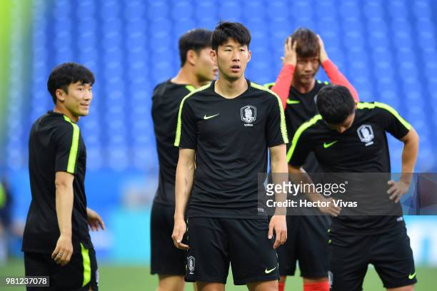 Son Heung-Min of South Korea, looks on during a training and press conference ahead of the match against Mexico as part of FIFA World Cup Russia 2018...