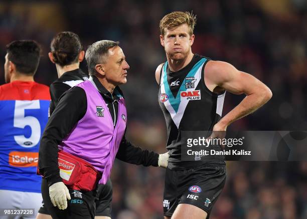 Tom Jonas of the Power looks on during the round 14 AFL match between the Port Adelaide Power and the Melbourne Demons at Adelaide Oval on June 22,...