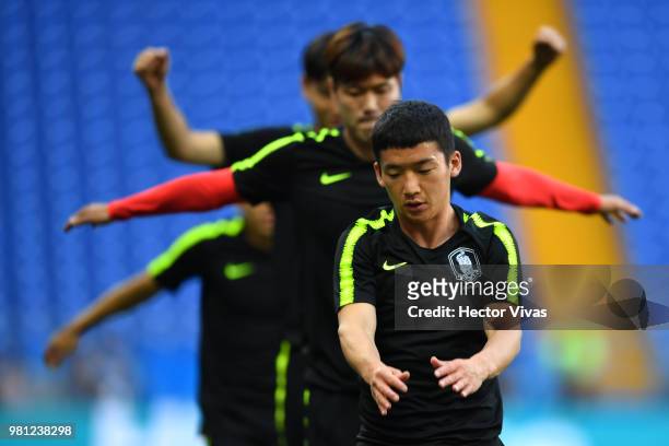 Kim Min-Woo of South Korea, warms up during a training and press conference ahead of the match against Mexico as part of FIFA World Cup Russia 2018...