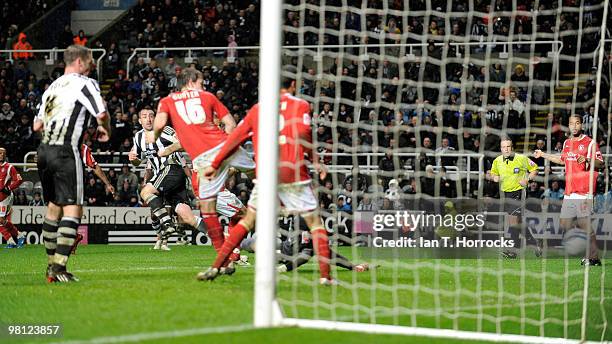 Jose Enrique of Newcastle United scores the second goal for Newcastle during the Coca Cola Championship match between Newcastle United and Nottingham...