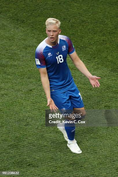 Hordur Magnusson of Iceland reacts during the 2018 FIFA World Cup Russia group D match between Nigeria and Iceland at Volgograd Arena on June 22,...