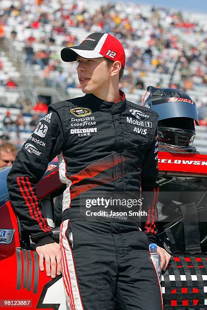 Brad Keselowski, driver of the Penske Dodge stands on the grid prior to the start of the NASCAR Sprint Cup Series Goody's Fast Pain Relief 500 at...