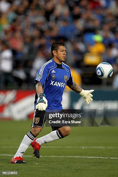 Nick Rimando of Real Salt Lake in action during their game against the San Jose Earthquakes at Buck Shaw Stadium on March 27, 2010 in Santa Clara,...