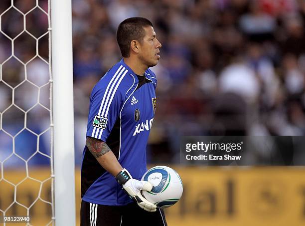 Nick Rimando of Real Salt Lake in action during their game against the San Jose Earthquakes at Buck Shaw Stadium on March 27, 2010 in Santa Clara,...