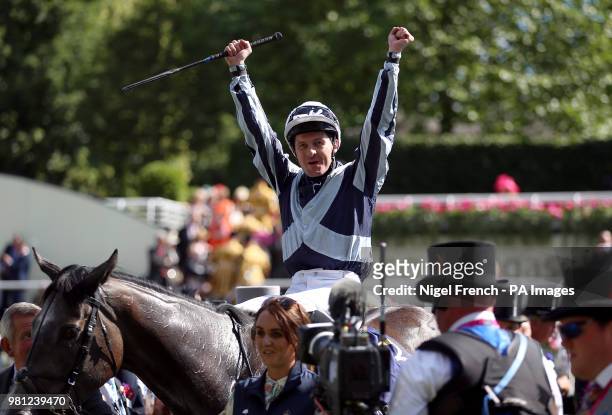 Jockey Colm O'Donoghue celebrates winning the Coronation Stakes on Alpha Centauri during day four of Royal Ascot at Ascot Racecourse.