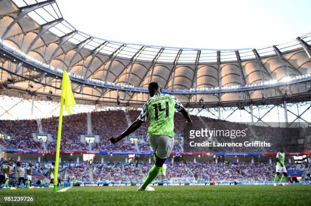 Kelechi Iheanacho of Nigeria takes a corner kick during the 2018 FIFA World Cup Russia group D match between Nigeria and Iceland at Volgograd Arena...