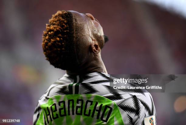 Kelechi Iheanacho of Nigeria reacts during the 2018 FIFA World Cup Russia group D match between Nigeria and Iceland at Volgograd Arena on June 22,...