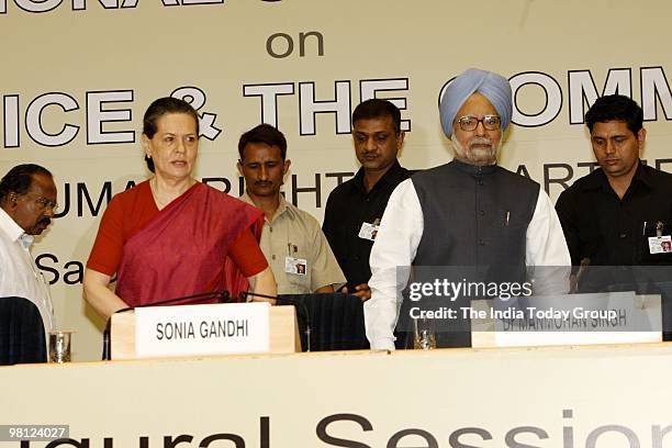 Prime Minister Manmohan Singh and Sonia Gandhi during the National Convention of Law, Justice and the Comman Man in New Delhi on Saturday, March 27,...