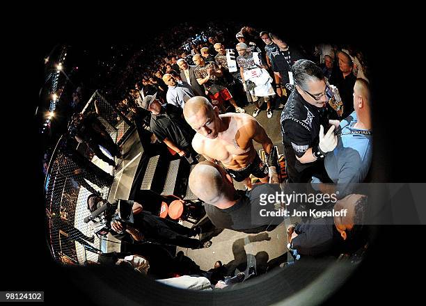 Fighter Georges St-Pierre prepares before entering the cage to battle Dan Hardy during their Welterweight title bout at UFC 111 at the Prudential...