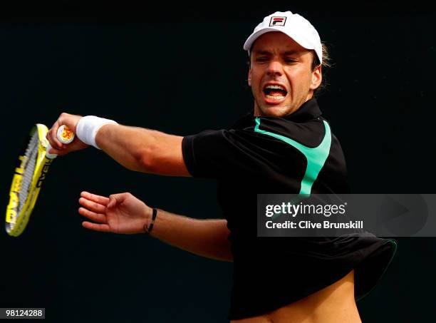 Tomas Berdych of the Czech Republic returns a shot against Horacio Zeballos of Argentina during day seven of the 2010 Sony Ericsson Open at Crandon...