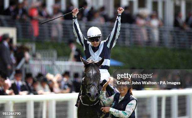 Jockey Colm O'Donoghue celebrates winning the Coronation Stakes on Alpha Centauri during day four of Royal Ascot at Ascot Racecourse.