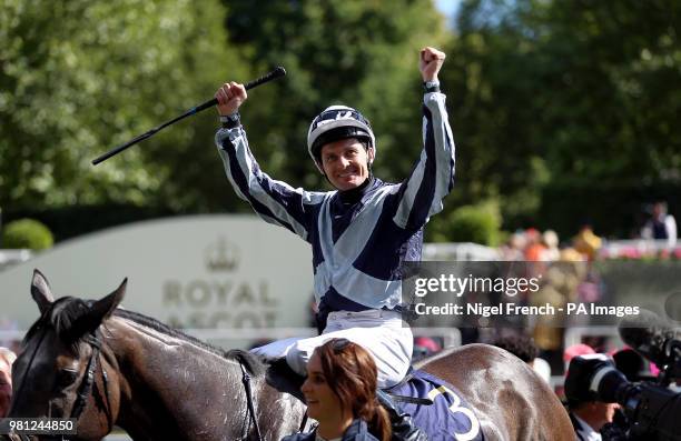 Jockey Colm O'Donoghue celebrates winning the Coronation Stakes on Alpha Centauri during day four of Royal Ascot at Ascot Racecourse.