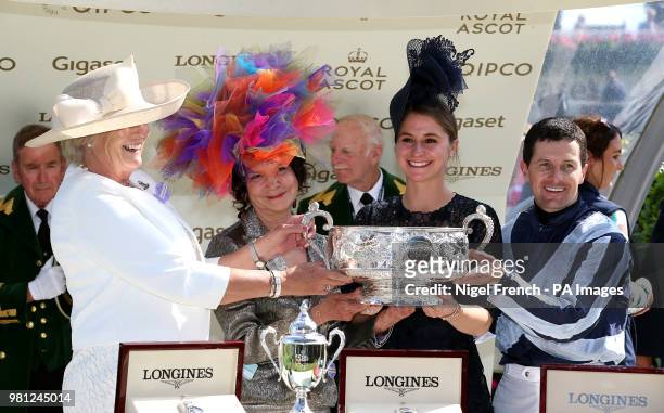 Jockey Colm O'Donoghue and trainer Jessica Harrington after winning the Coronation Stakes with Alpha Centauri during day four of Royal Ascot at Ascot...