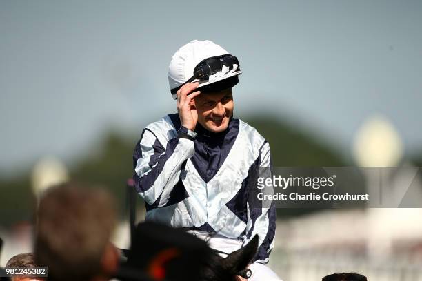Colm O'Donoghue celebrates as he rides Alpha Centauri to win The Coronation Stakes on day 4 of Royal Ascot at Ascot Racecourse on June 22, 2018 in...
