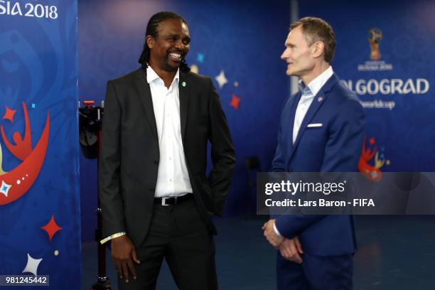 Legends Birkir Kristinsson of Iceland and Nwanko Kanu of Nigeria prior to the 2018 FIFA World Cup Russia group D match between Nigeria and Iceland at...