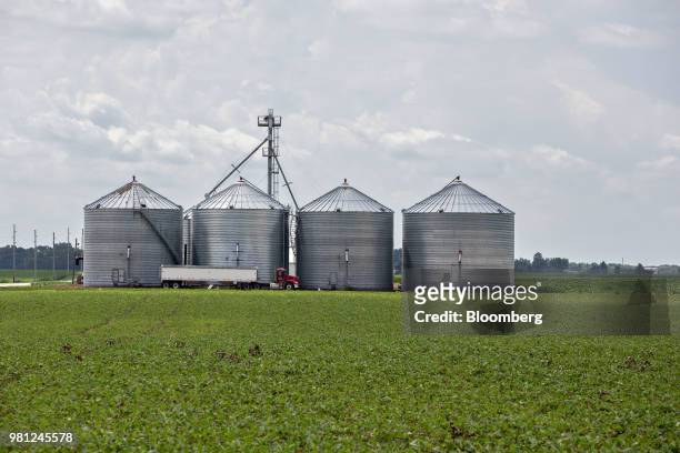 Grain truck sits next to grain storage bins near a soybean field outside Princeton, Illinois, U.S., on Tuesday, June 19, 2018. A rout in commodities...