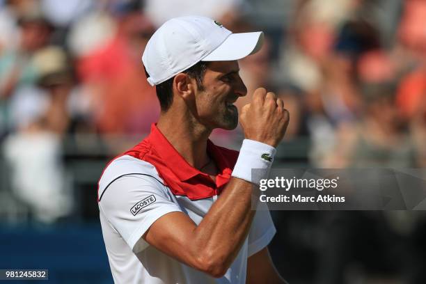 Novak Djokovic of Serbia celebrates during his 1/4 final match on Day 5 of the Fever-Tree Championships at Queens Club on June 22, 2018 in London,...