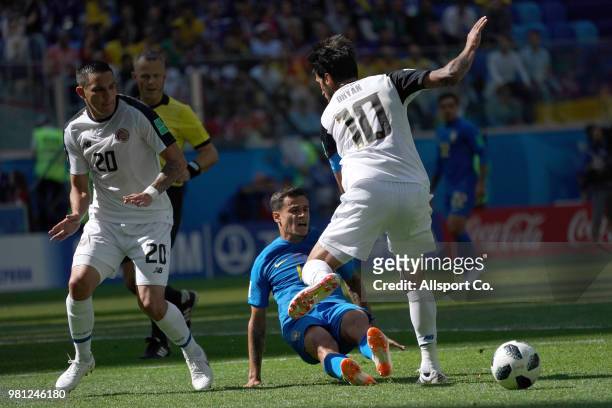 Coutinho of Brazil clashes with Bryan Ruiz of Costa Rica during the 2018 FIFA World Cup Russia group E match between Brazil and Costa Rica at Saint...