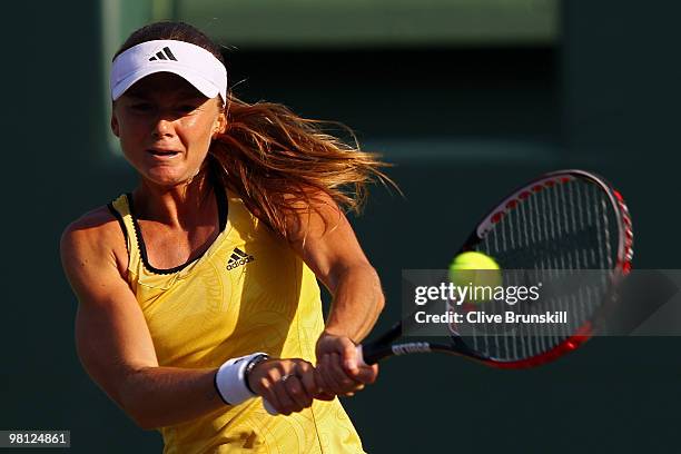 Daniela Hantuchova of Slovakia returns a shot against Venus Williams of the United States during day seven of the 2010 Sony Ericsson Open at Crandon...