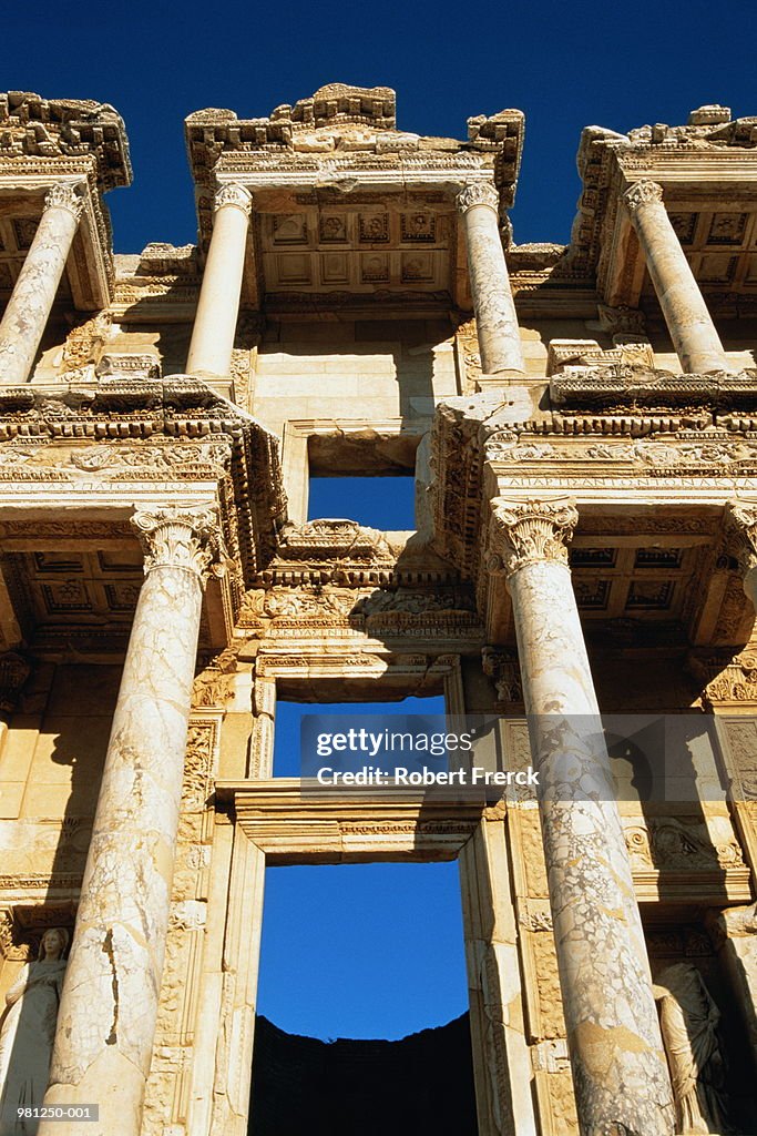 Turkey, Ephesus, Library of Celsus against blue sky, low angle view