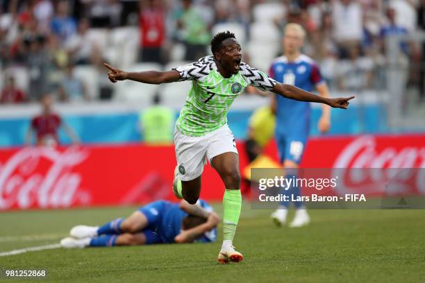 Ahmed Musa of Nigeria celebrates after scoring his team's first goal during the 2018 FIFA World Cup Russia group D match between Nigeria and Iceland...