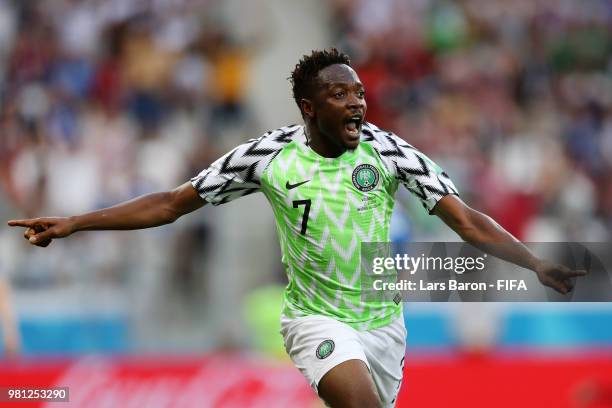 Ahmed Musa of Nigeria celebrates after scoring his team's first goal during the 2018 FIFA World Cup Russia group D match between Nigeria and Iceland...