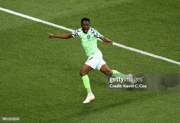 Ahmed Musa of Nigeria celebrates after scoring his team's first goal during the 2018 FIFA World Cup Russia group D match between Nigeria and Iceland...