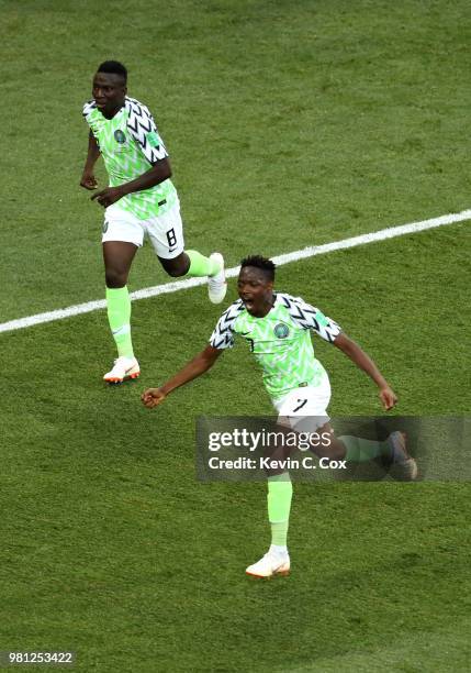 Ahmed Musa of Nigeria celebrates after scoring his team's first goal during the 2018 FIFA World Cup Russia group D match between Nigeria and Iceland...