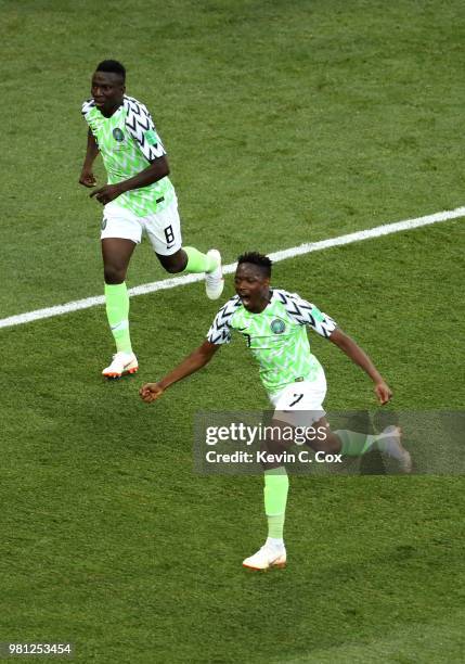 Ahmed Musa of Nigeria celebrates with teammate Oghenekaro Etebo after scoring his team's first goal during the 2018 FIFA World Cup Russia group D...