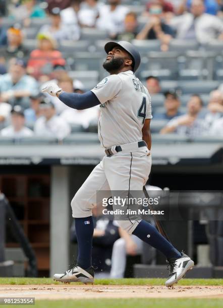 Denard Span of the Seattle Mariners in action against the New York Yankees at Yankee Stadium on June 21, 2018 in the Bronx borough of New York City....