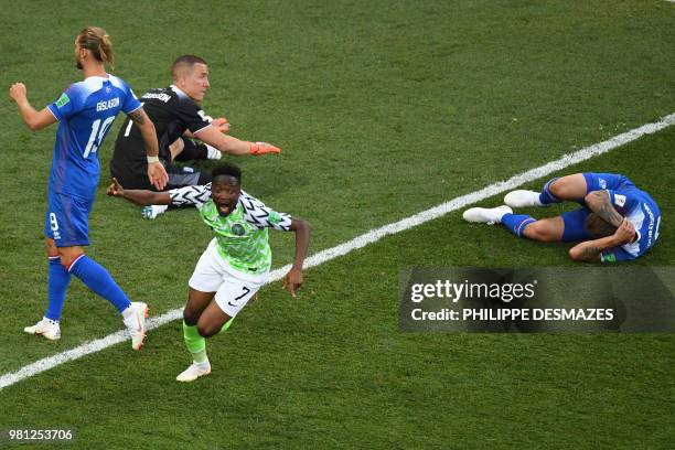 Nigeria's forward Ahmed Musa celebrates after scoring a goal during the Russia 2018 World Cup Group D football match between Nigeria and Iceland at...