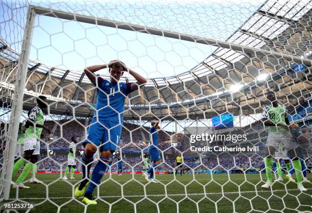 Alfred Finnbogason of Iceland holds his head as Iceland miss a chance on goal during the 2018 FIFA World Cup Russia group D match between Nigeria and...