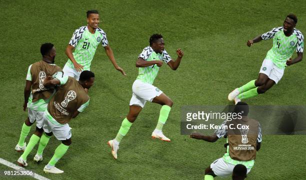 Ahmed Musa of Nigeria celebrates with team mates after scoring his team's first goal during the 2018 FIFA World Cup Russia group D match between...