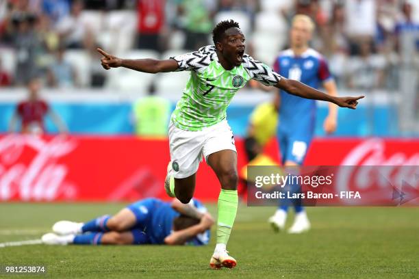 Ahmed Musa of Nigeria celebrates after scoring his team's first goal during the 2018 FIFA World Cup Russia group D match between Nigeria and Iceland...