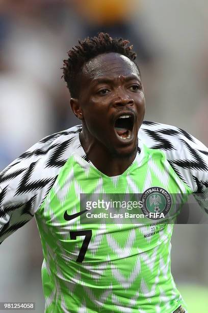 Ahmed Musa of Nigeria celebrates after scoring his team's first goal during the 2018 FIFA World Cup Russia group D match between Nigeria and Iceland...