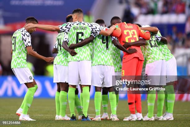 Nigeria team huddle prior to the 2018 FIFA World Cup Russia group D match between Nigeria and Iceland at Volgograd Arena on June 22, 2018 in...