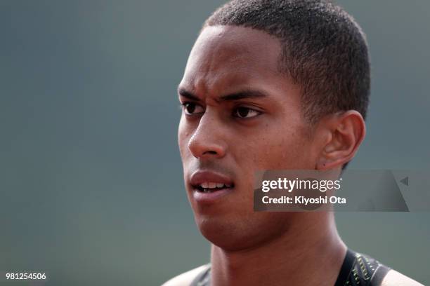 Aska Cambridge reacts after competing in the Men's 100m heat on day one of the 102nd JAAF Athletic Championships at Ishin Me-Life Stadium on June 22,...