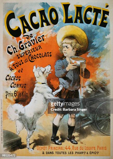Vintage poster of boy holding cup of cocoa while dog is begging