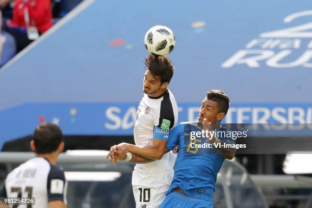 Bryan Ruiz of Costa Rica, Paulinho of Brazil during the 2018 FIFA World Cup Russia group E match between Brazil and Costa Rica at the Saint...