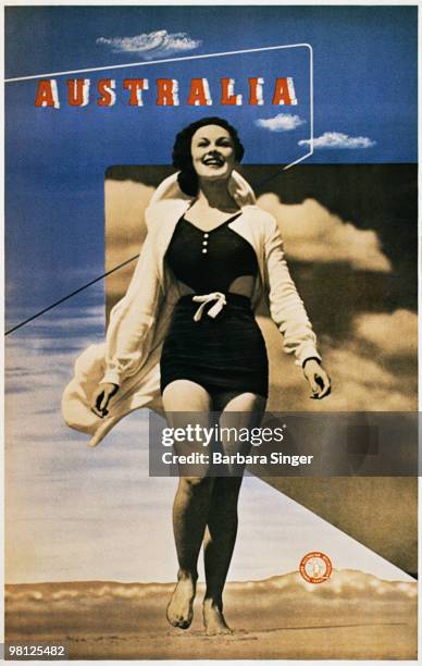 Vintage poster of woman smiling walking on beach