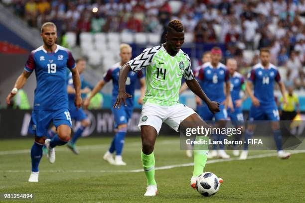 Kelechi Iheanacho of Nigeria passes the ball during the 2018 FIFA World Cup Russia group D match between Nigeria and Iceland at Volgograd Arena on...