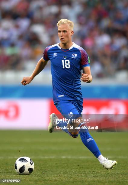 Hordur Magnusson of Iceland runs with the ball during the 2018 FIFA World Cup Russia group D match between Nigeria and Iceland at Volgograd Arena on...