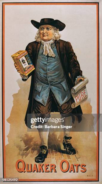 Vintage poster of pilgrim holding oats cereal box