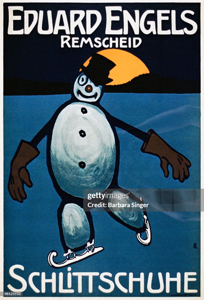 Vintage poster of snowman ice-skating at sunset