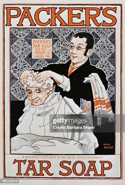 Vintage poster of man getting hair washed by barber