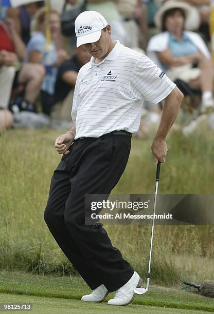 Paul Lawrie dances for a birdie at Shinnecock Hills, site of the 2004 U. S. Open, during first-round play June 17, 2004.